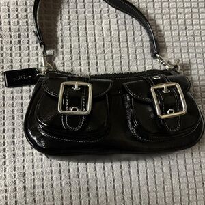 Coach Black Patent Leather Shoulder Bag with Silver Buckles